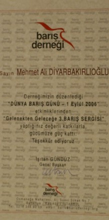 Barış Derneği Teşekkür Belgesi